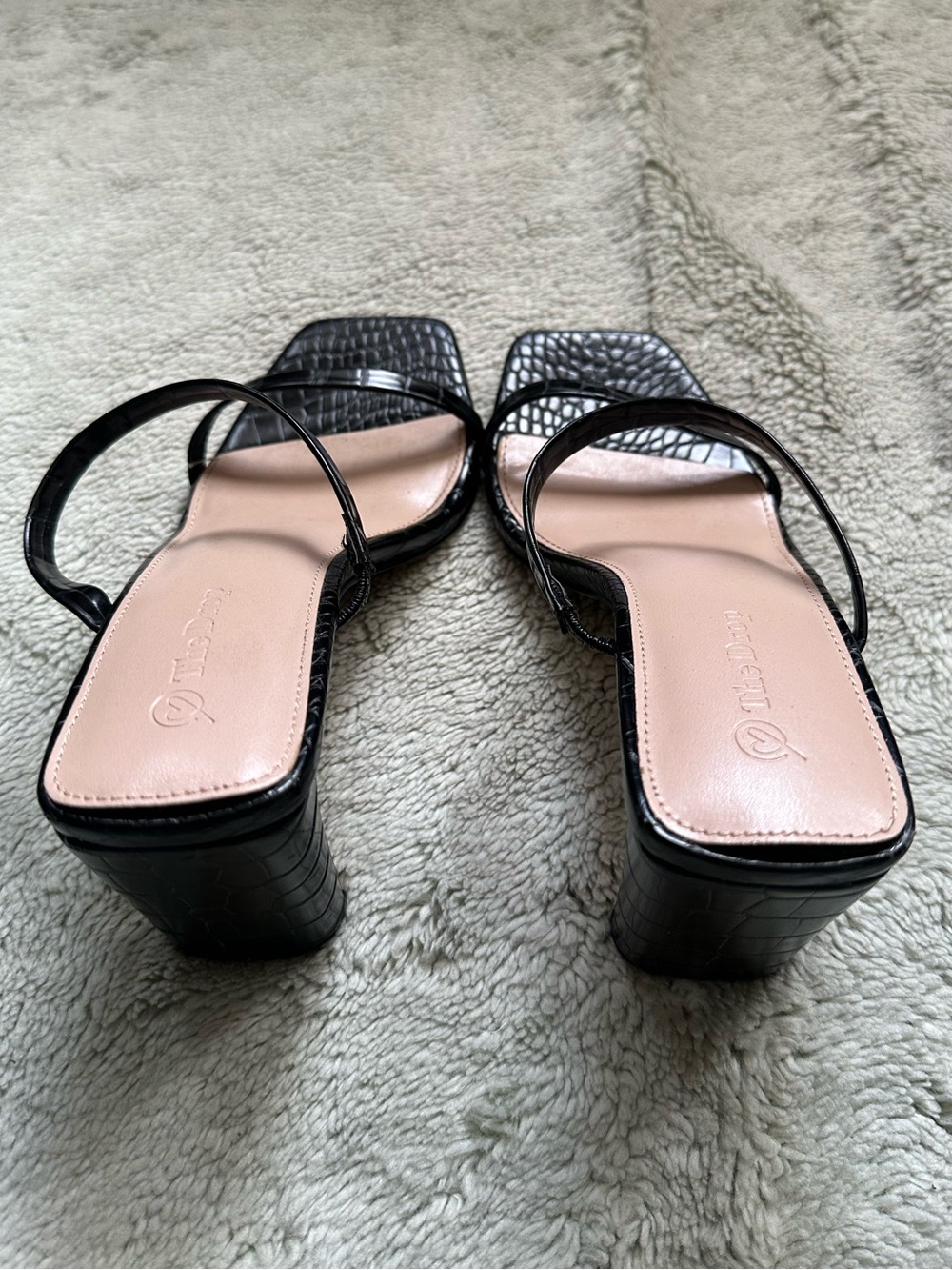 Black Croc-Embossed Square Toe Strappy Heels - Picture 3 of 5